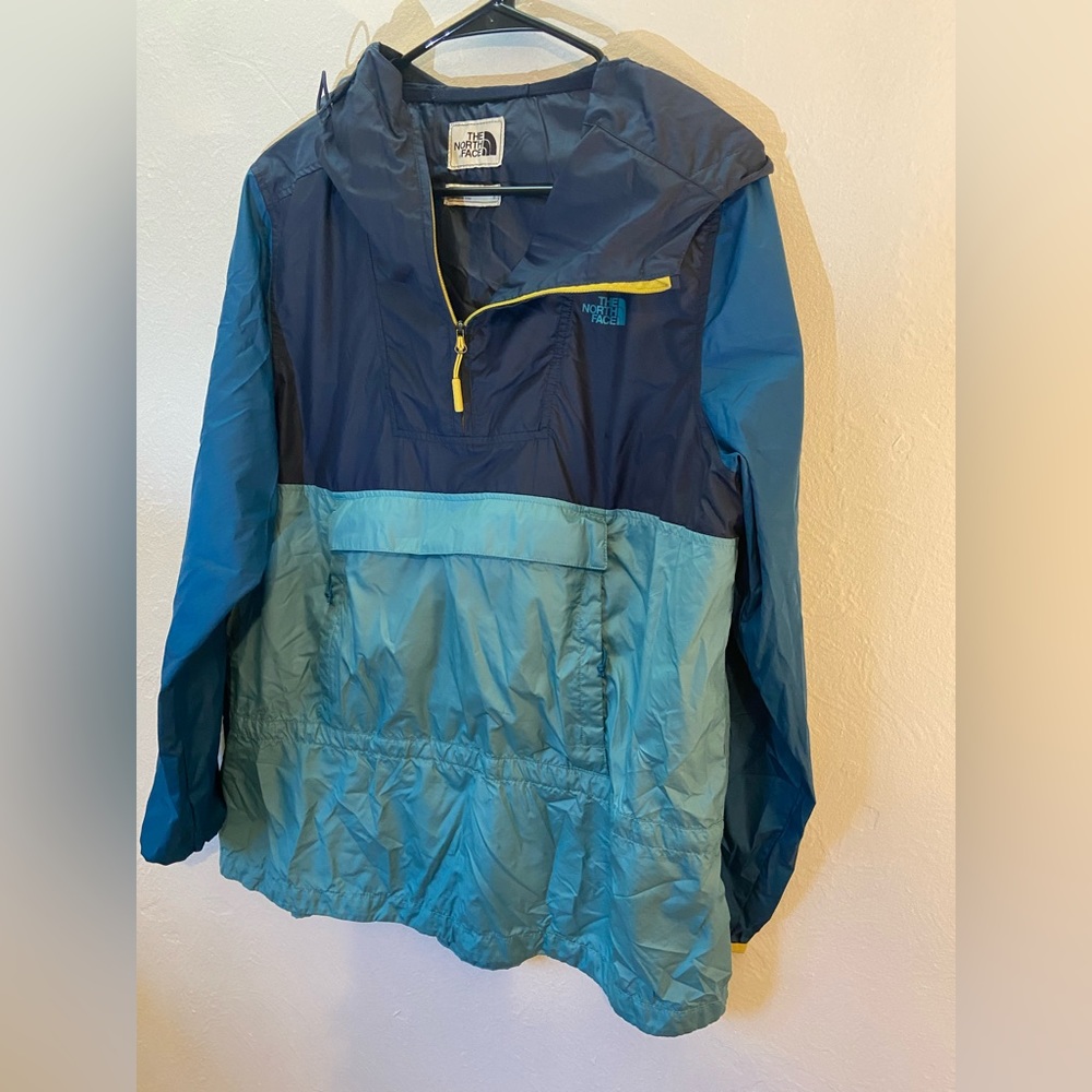 Blue, north face rain jacket, large